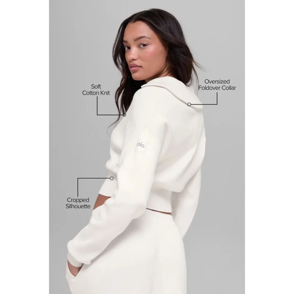 Alo Yoga Scholar Knit Cropped Full Zip Jacket Ivory XS